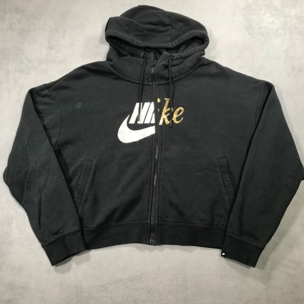 Nike Hoodie Sweatshirt Women's L Black Full Zip Boxy Oversized Fit Metallic Logo